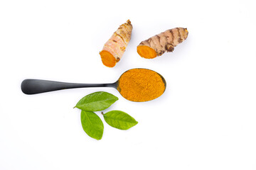 Turmeric with its magnificent orange color on a white background