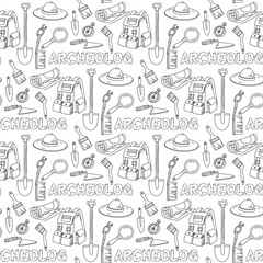 Doodle pattern of archaeologist items with monochrome inscription Archaeologist doodle. Brushes, map, shovel, compass, hat, backpack in seamless texture. for scientific posters, books, articles