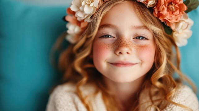 A cheerful girl adorned with a flower crown and a bright smile captures the essence of childhood joy and innocence in a whimsical, vibrant setting.