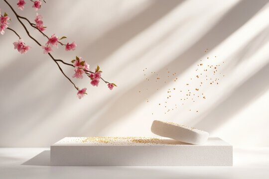 Minimalist studio setup with cherry flower and floating golden pollen specks