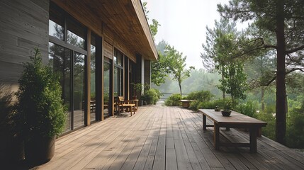 Serene Mountain View Deck: Comfortable Outdoor Living Space with Wooden Furniture and Lush Greenery Overlooking Forest Landscape.