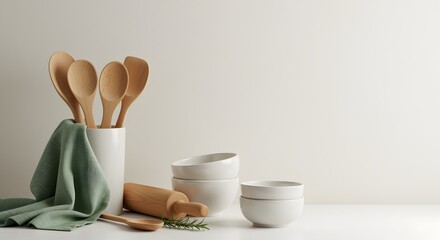 Wooden spoons bowls and rolling pin kitchen still life