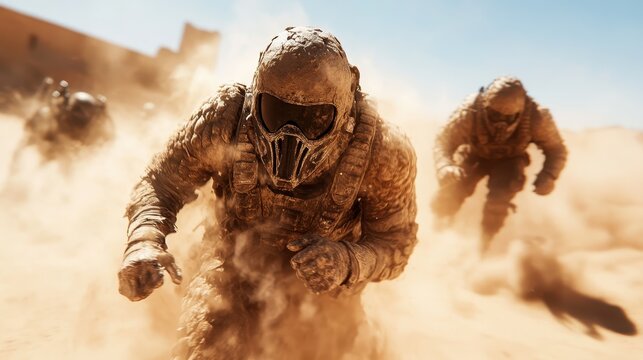 A group of soldiers in dusty military gear runs through a desert, creating a dramatic scene filled with urgency, adrenaline, and the harshness of combat in extreme conditions. - Powered by Adobe