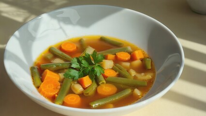 A bowl of vegetable soup with carrots, green beans, and potatoes. The soup is garnished with fresh cilantro and illuminated by natural light.