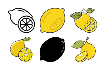 "Lemon Fruit Vector Set – Cartoon Lemons with Slices, Leaves, and Outlines"

