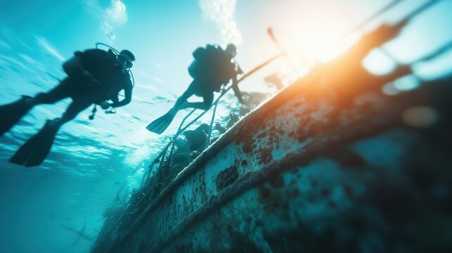 This dynamic underwater image captures two scuba divers exploring a mysterious shipwreck, showcasing adventure, exploration, and the allure of the ocean depths in vibrant colors.