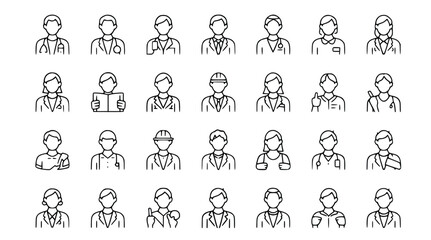 Diverse occupations and professions represented in a series of line icons showcasing various jobs and careers in simple illustrations, silhouette