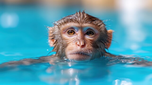 A close-up photo of an adorable monkey swimming in clear blue water, showcasing its curious expression and playful nature, perfect for wildlife and nature enthusiasts.