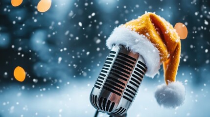 A stylish vintage microphone, adorned with a cheerful Santa hat, stands in a snowy backdrop, symbolizing festive spirit and the joy of music during the holiday season.