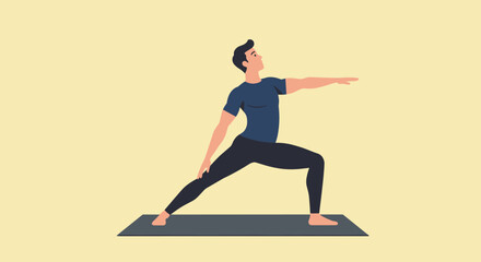  Flat vector male doing yoga warrior