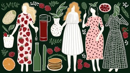 A group of women in dresses holding various items, including a pitcher of red liquid, a vase of flowers, a bowl of fruit, a bottle of wine, a knife, a stack of pancakes, and a bowl of berries.