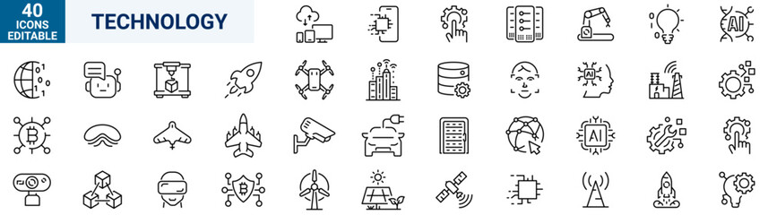 Technology web line icons. Artificial intelligence line icons. Ai, digital, brain, chip.