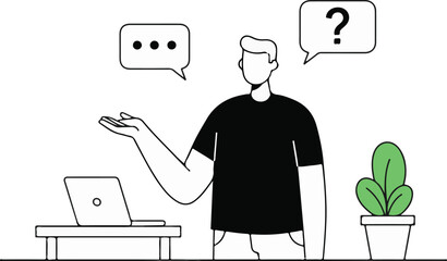 "Abstract human figure in black shirt, explaining something with one hand raised, question mark speech bubble, small green plant on the table, minimal line art, vector, for tech website."
