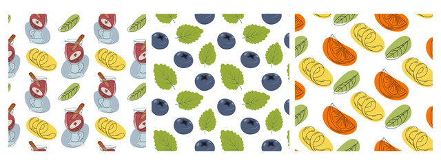 Mulled Wine with Spices Blueberries mint and citruses slices and tea leaves Seamless Patterns Set 