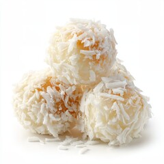 Three coconut bonbons arranged in a pyramid shape against a white background. The bonbons are white and covered in shredded coconut.