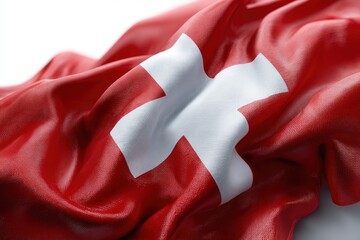 A crumpled flag of Switzerland featuring a white cross against a red background