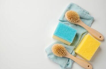 Eco-friendly cleaning supplies on white. Brushes sponges rags, eco-friendly household items. Sustainable living concept. Zero waste, eco-friendly cleaning, eco-friendly products for sustainable