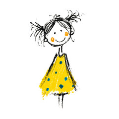 Fototapeta premium Playful little girl with pigtails wearing a yellow dress with dots 