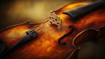 Fototapeta premium Richly varnished violin, bridge, strings in focus