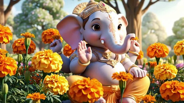 A serene scene featuring a cartoon elephant deity sitting among vibrant marigold flowers, with lush greenery and a bright sky in the background, symbolizing joy and celebration