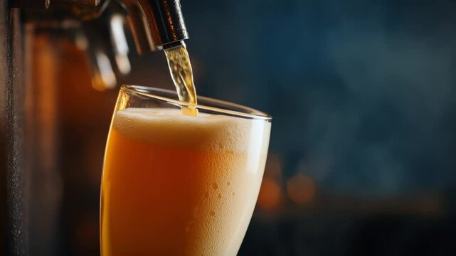 Tap beer pouring into a glass with golden color on dark background  
