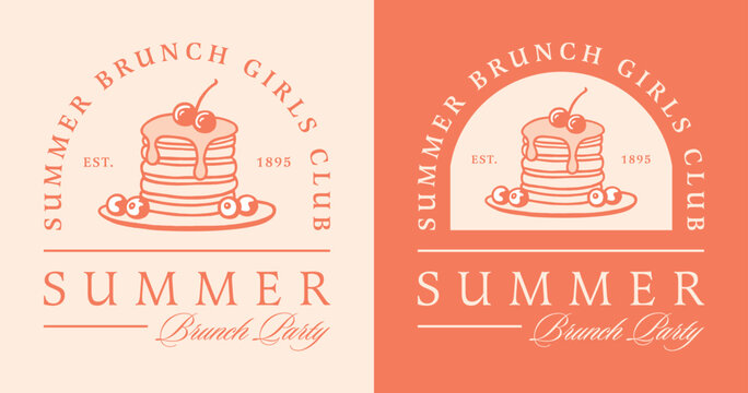 Summer brunch party girls club theme pancakes lovers preppy orange color aesthetic poster print invitation card. Retro vintage fancy girly cute text illustration besties crew squad shirt design logo.