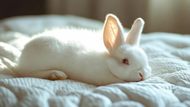 Bright sunlight on white rabbit's face, snuggled comfortably in blanket.
