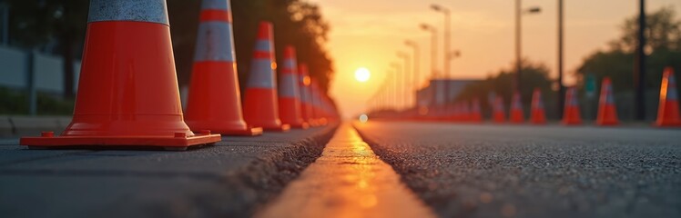 Row of orange traffic cones line road at sunset. Construction site work, traffic control safety measures. Roadway infrastructure with warning cones. Detour or lane closure highway management.