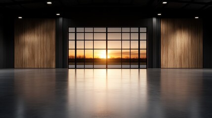 An expansive, modern industrial space features large windows showcasing a breathtaking sunset, symbolizing innovation and the blend of nature with contemporary design.