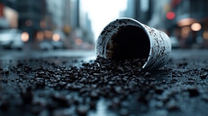 This spilled coffee cup on a bustling city street captures a candid moment of chaos, reflecting urban life and the inevitable messes that come with it.