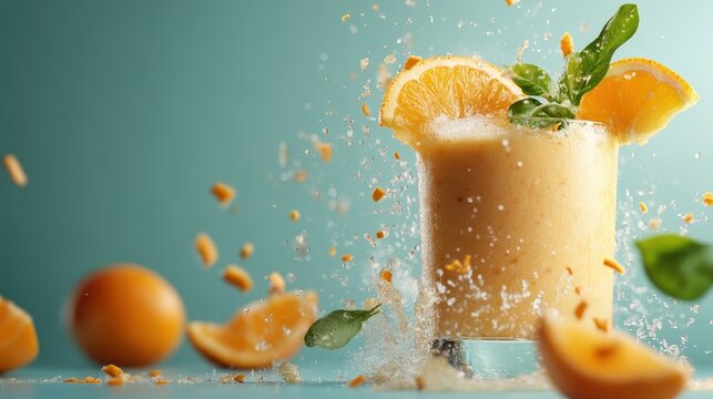 An action shot captures a vibrant orange smoothie, exploding with refreshing splashes and garnished with orange slices, ideal for summer and health enthusiasts.