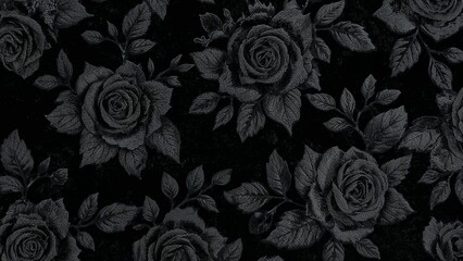 A dark floral pattern featuring roses and leaves in shades of black and gray creating a gothic aesthetic
