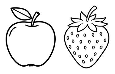 apple and strawberry outline vector fruit illustration monochrome line art