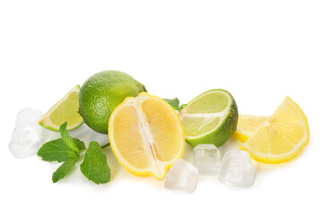 Fresh lemons and limes with ice cubes on white background