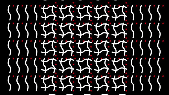 Dynamic Abstract Pattern of Red and White Lines and Shapes Moving Seamlessly on Black