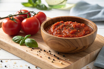 Homemade tomato sauce in wooden bowl with fresh tomatoes and basil