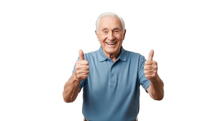 Smiling senior man with thumbs up gesture in blue polo shirt, full body shot, studio light