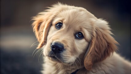 Portrait of a golden retriever puppy with big eyes and soft, fluffy fur