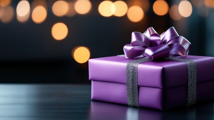 A beautifully presented gift box with purple wrapping and a shiny ribbon sits against a backdrop of soft bokeh lighting, symbolizing celebration, joy, and anticipation.