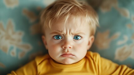 A close-up image of a cute baby with a grumpy expression, highlighting the innocence and personality of childhood in a soft, colorful setting that draws the viewer's attention.