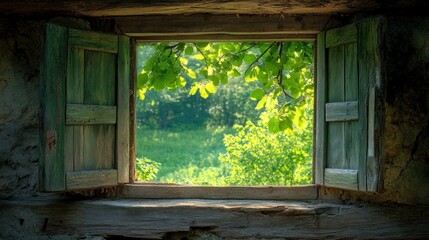 Rustic window reveals sunlit, leafy landscape