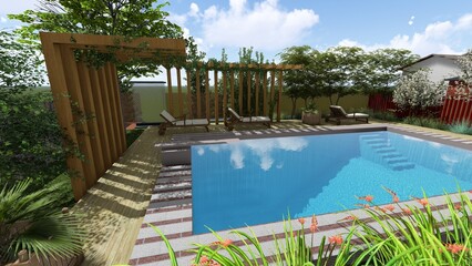 3d image of the landscape design of the home territory. Landscaping of the territory. Computer visualization of composite landscaping and landscaping solutions. 