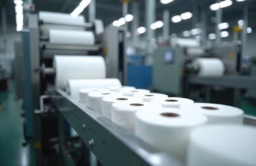 Automated production of toilet paper rolls in factory. Rolls move on conveyor belt. Paper manufacturing industrial machine in a modern factory. Tissue and kitchen towels making process.