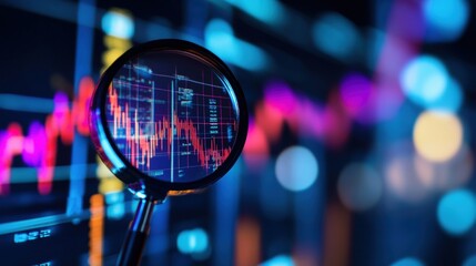 A magnifying glass focuses on colorful, fluctuating stock market graphs on a digital screen, symbolizing financial analysis and market trends.