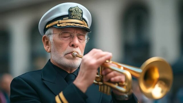 A heartfelt tribute as a veteran plays the bugle during a moving parade ceremony.