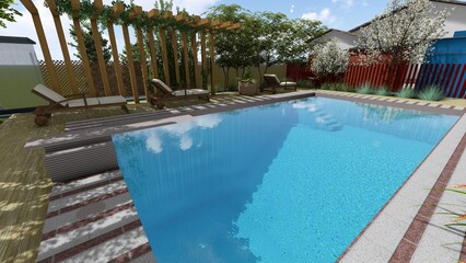 3d image of the landscape design of the home territory. Landscaping of the territory. Computer visualization of composite landscaping and landscaping solutions. 