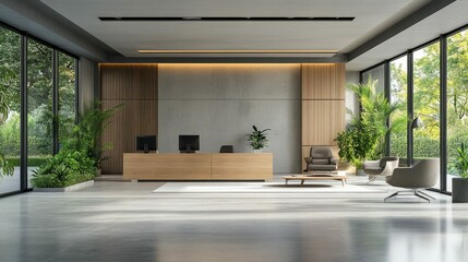 A modern waiting room with natural light, greenery, and stylish furniture arrangements. White tiles and wooden elements create a clean and fresh atmosphere.