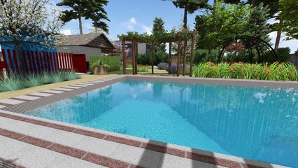 3d image of the landscape design of the home territory. Landscaping of the territory. Computer visualization of composite landscaping and landscaping solutions. 