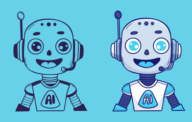Face Chatbot Robot, Assistant AI. Virtual character set. Vector color and doodle hand drawing. Isolated Avatar for tech, chatbot, futuristic design. Not AI