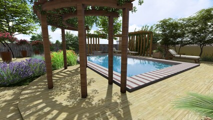 3d image of the landscape design of the home territory. Landscaping of the territory. Computer visualization of composite landscaping and landscaping solutions. 